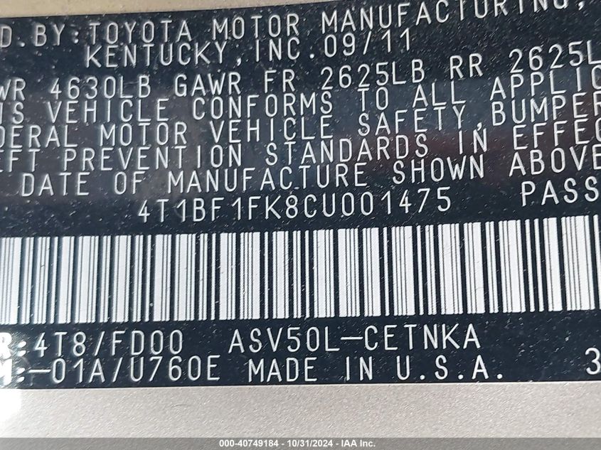 2012 Toyota Camry Le VIN: 4T1BF1FK8CU001475 Lot: 40749184