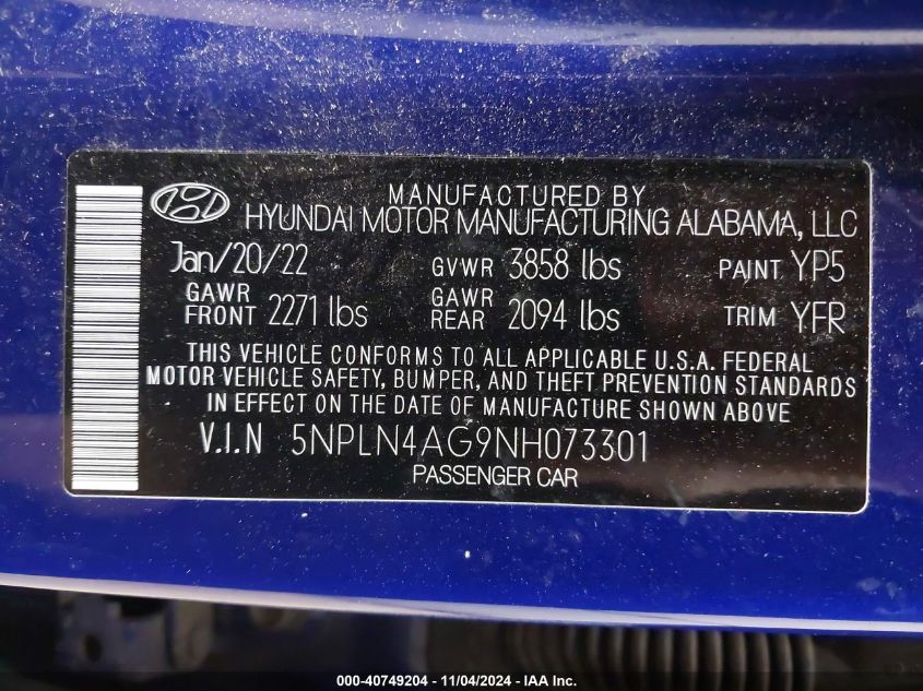 2022 Hyundai Elantra Sel VIN: 5NPLN4AG9NH073301 Lot: 40749204