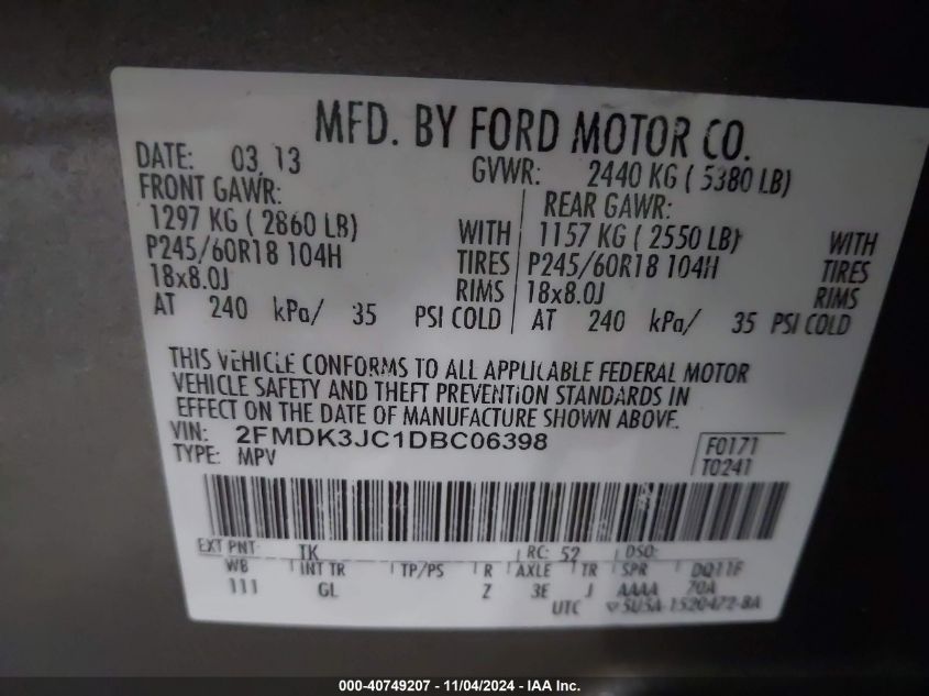 2013 Ford Edge Sel VIN: 2FMDK3JC1DBC06398 Lot: 40749207