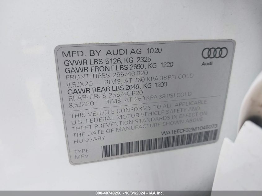 2021 Audi Q3 Premium Plus 45 Tfsi S Line Quattro Tiptronic VIN: WA1EECF32M1045073 Lot: 40749250