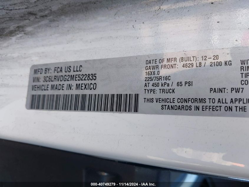 2021 Ram Promaster 2500 High Roof 159 Wb VIN: 3C6LRVDG2ME522835 Lot: 40749279