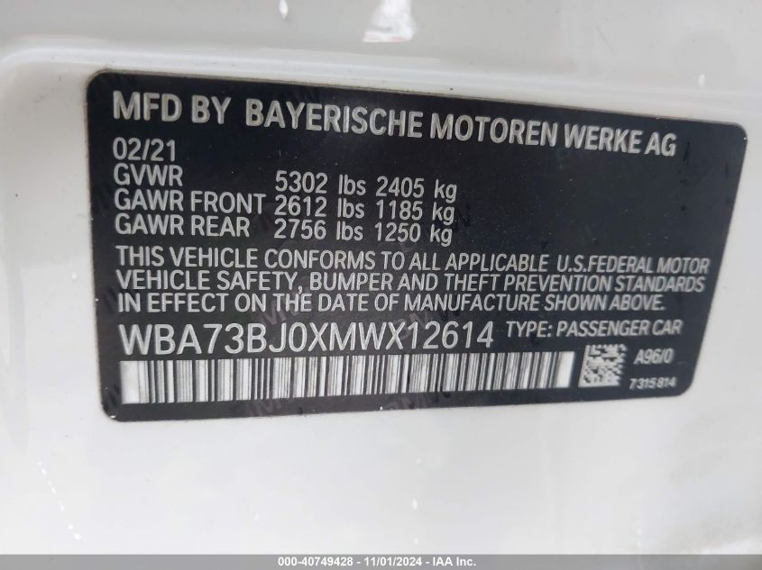 VIN WBA73BJ0XMWX12614 2021 BMW 5 Series, 540I Xdrive no.9