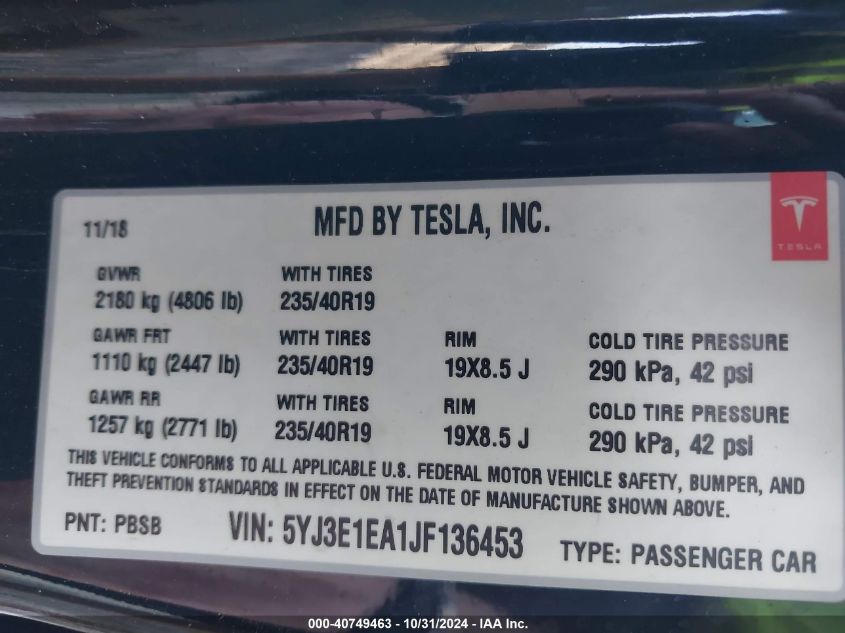 2018 Tesla Model 3 Long Range/Mid Range VIN: 5YJ3E1EA1JF136453 Lot: 40749463