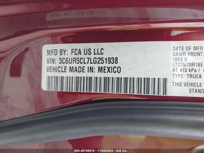 2020 Ram 2500 Tradesman 4X4 6'4 Box VIN: 3C6UR5CL7LG251938 Lot: 40749519