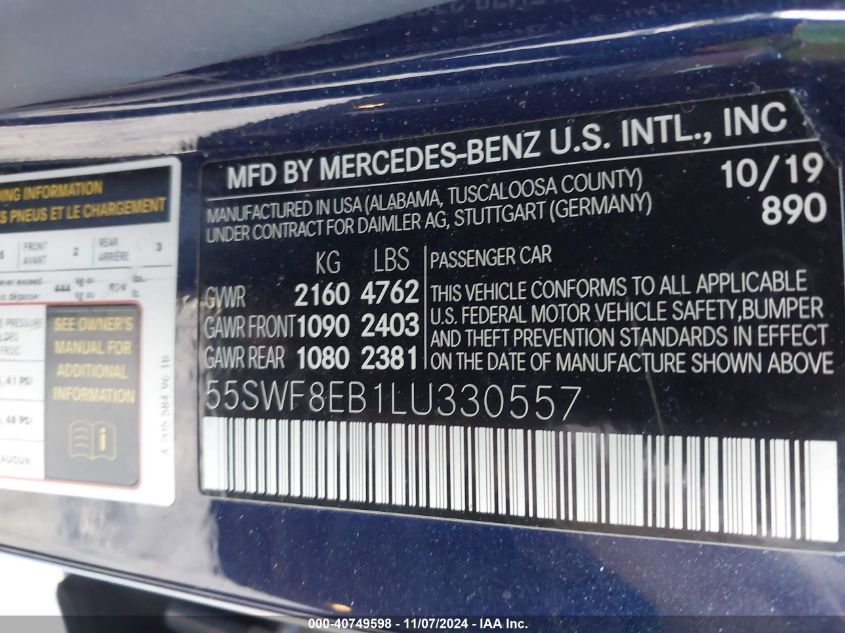 2020 Mercedes-Benz C 300 4Matic VIN: 55SWF8EB1LU330557 Lot: 40749598