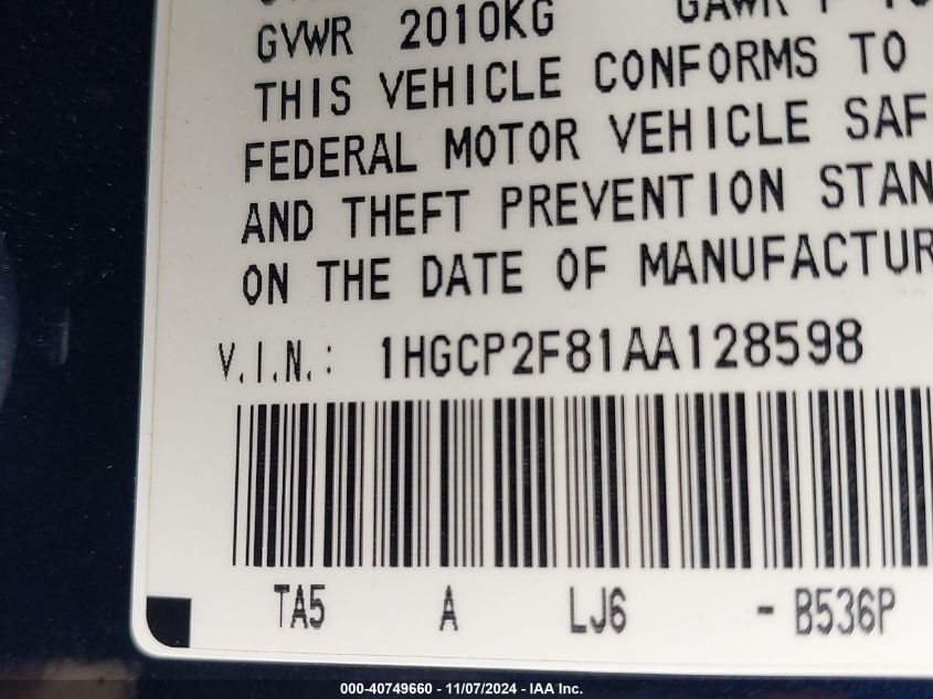 2010 Honda Accord Sdn 2.4 Ex-L/Ex-L VIN: 1HGCP2F81AA128598 Lot: 40749660