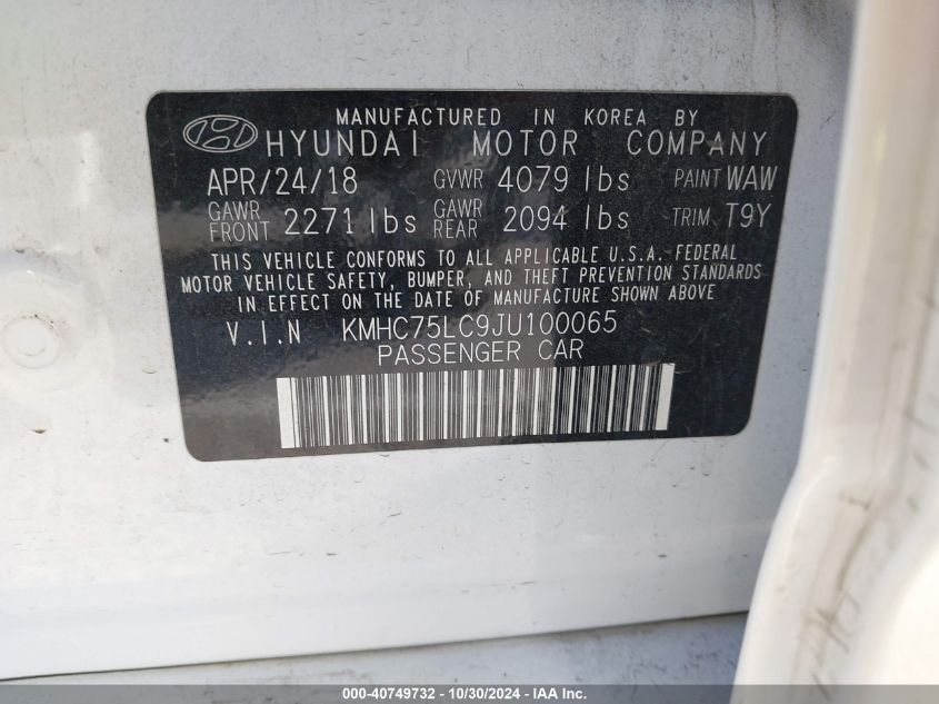 2018 Hyundai Ioniq Hybrid Sel VIN: KMHC75LC9JU100065 Lot: 40749732