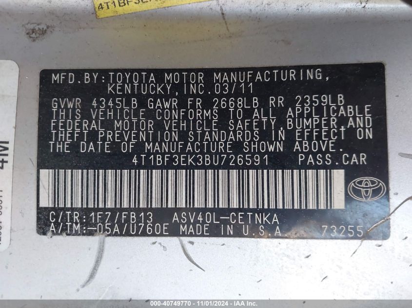 2011 Toyota Camry VIN: 4T1BF3EK3BU726591 Lot: 40749770