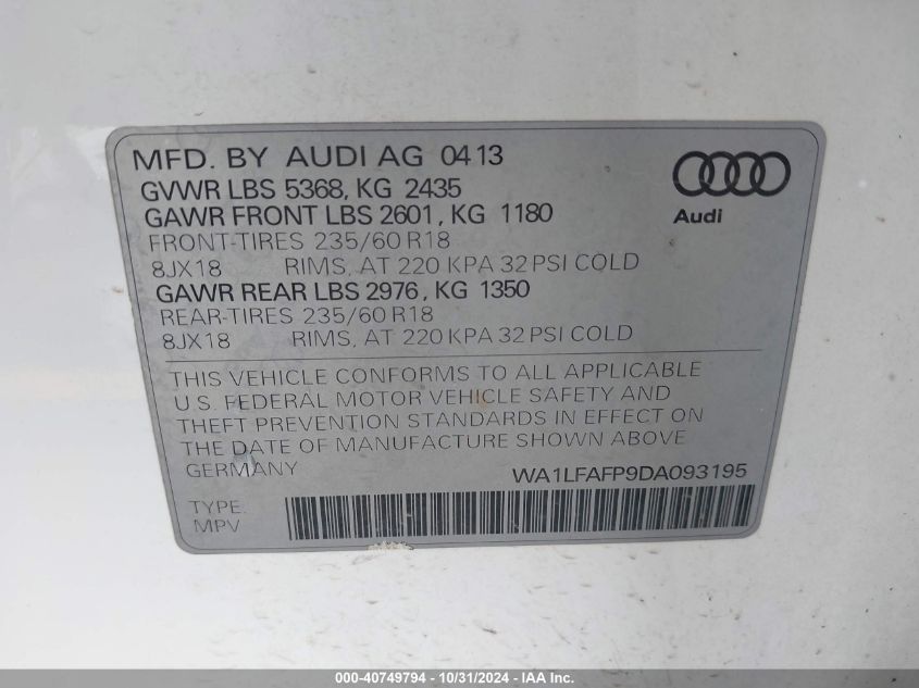 2013 Audi Q5 2.0T Premium VIN: WA1LFAFP9DA093195 Lot: 40749794