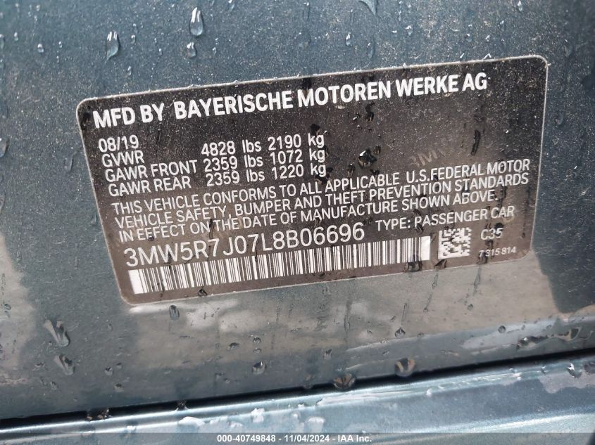 2020 BMW 330I xDrive VIN: 3MW5R7J07L8B06696 Lot: 40749848