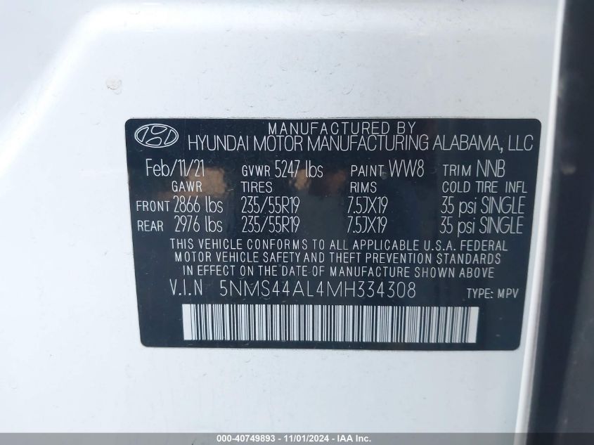 2021 Hyundai Santa Fe Limited VIN: 5NMS44AL4MH334308 Lot: 40749893