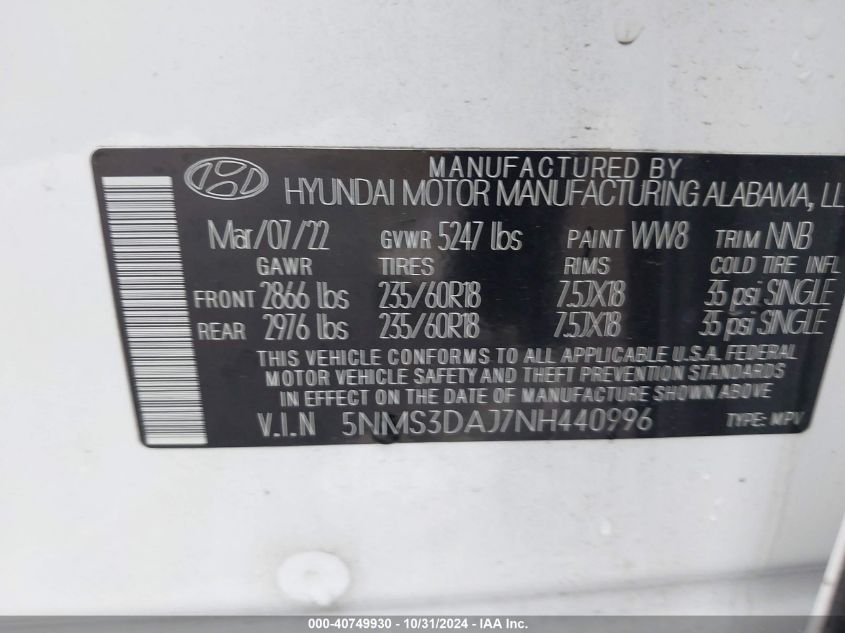 2022 Hyundai Santa Fe Sel VIN: 5NMS3DAJ7NH440996 Lot: 40749930