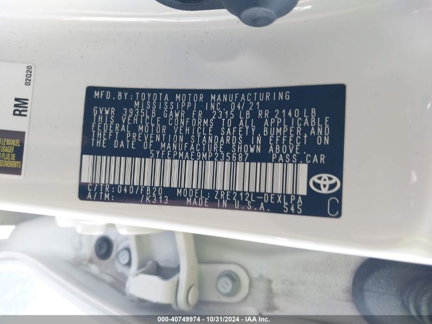 2021 TOYOTA COROLLA LE - 5YFEPMAE9MP235687