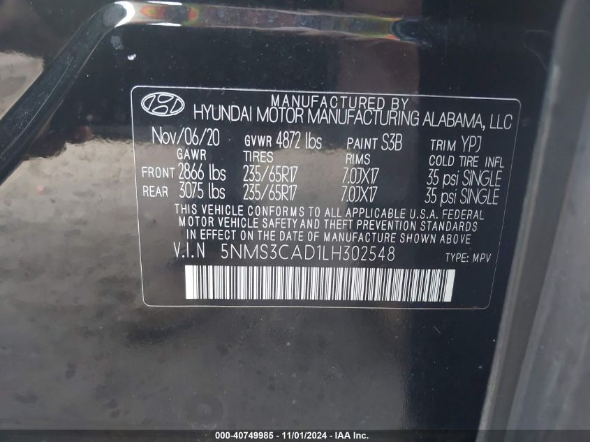 2020 Hyundai Santa Fe Sel VIN: 5NMS3CAD1LH302548 Lot: 40749985