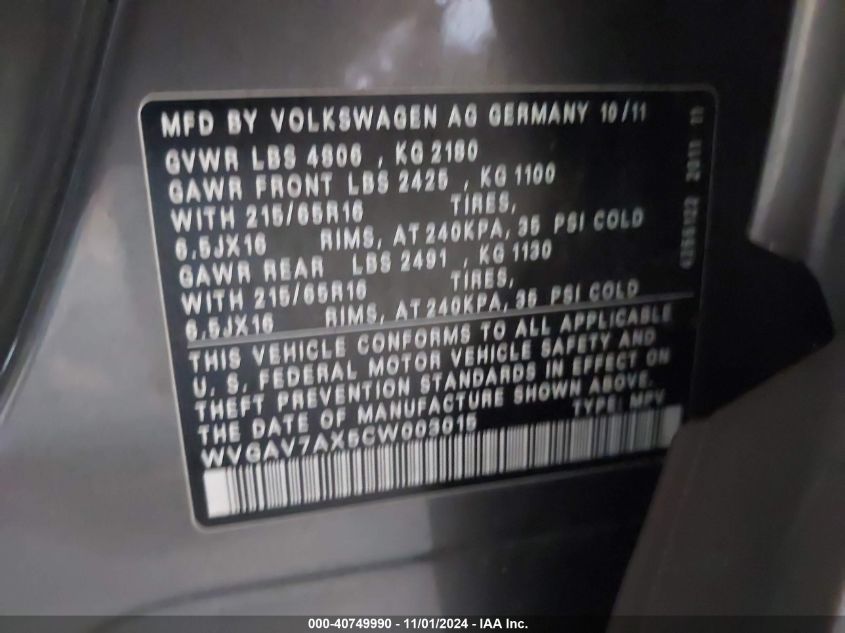 2012 Volkswagen Tiguan S VIN: WVGAV7AX5CW003015 Lot: 40749990