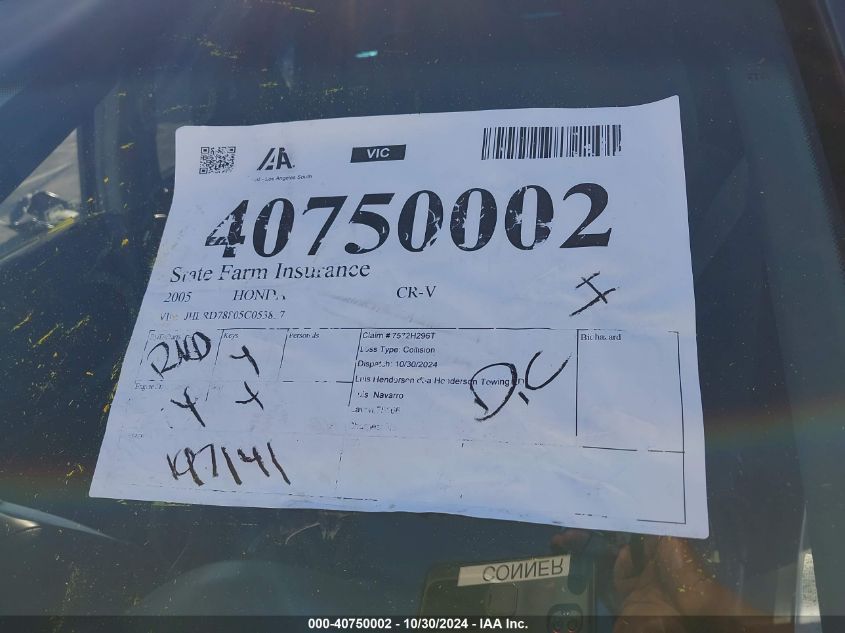 2005 Honda Cr-V Ex VIN: JHLRD78805C053837 Lot: 40750002