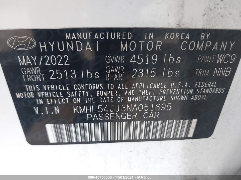 2022 Hyundai Sonata Hybrid Limited VIN: KMHL54JJ3NA051695 Lot: 40750006