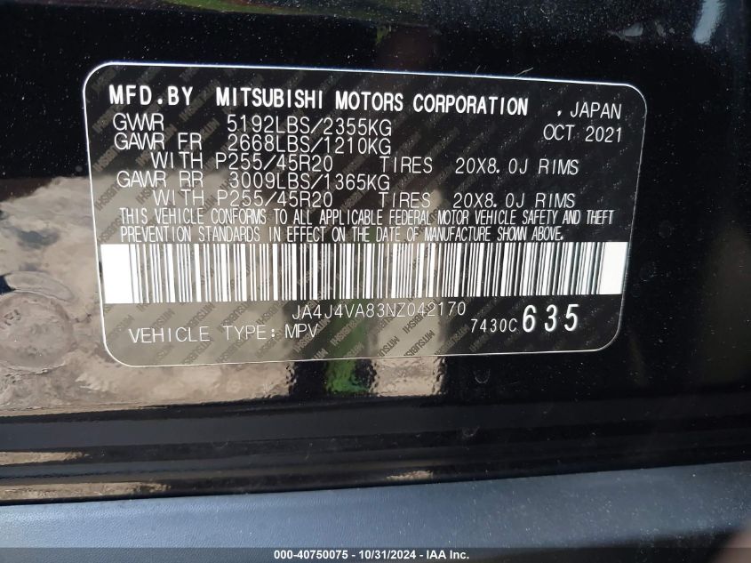 2022 Mitsubishi Outlander Sel 2.5 VIN: JA4J4VA83NZ042170 Lot: 40750075