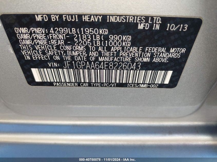 2014 SUBARU IMPREZA 2.0I - JF1GPAA64E8226043