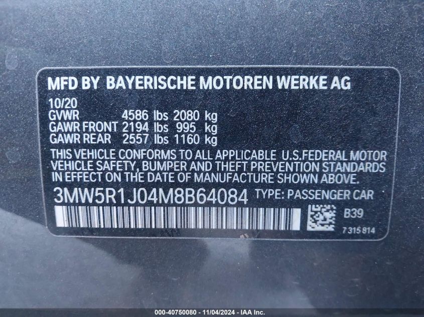 2021 BMW 330I VIN: 3MW5R1J04M8B64084 Lot: 40750080