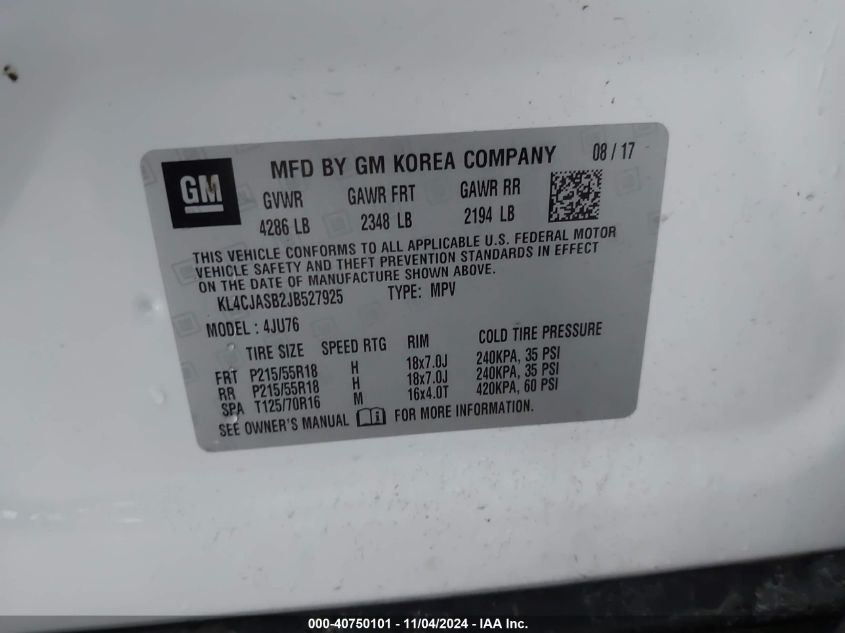 2018 Buick Encore Preferred VIN: KL4CJASB2JB527925 Lot: 40750101