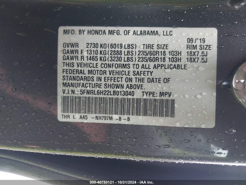 2020 Honda Odyssey Lx VIN: 5FNRL6H22LB013040 Lot: 40750121