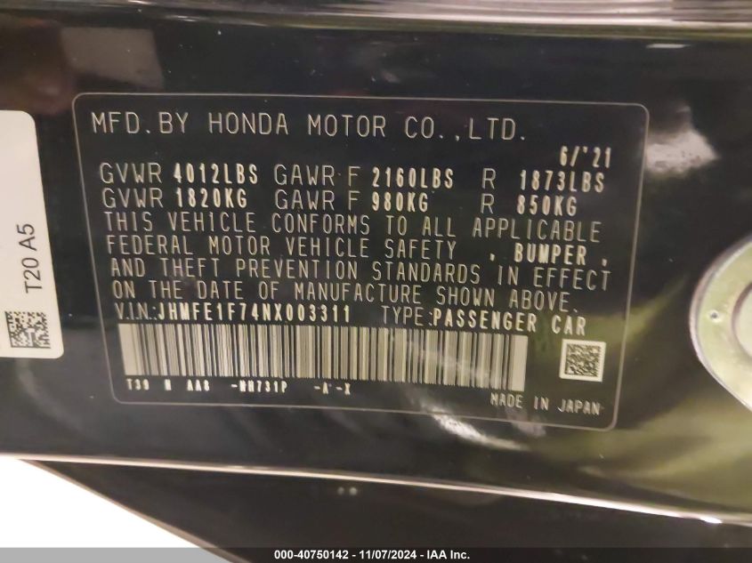 2022 Honda Civic Ex VIN: JHMFE1F74NX003311 Lot: 40750142