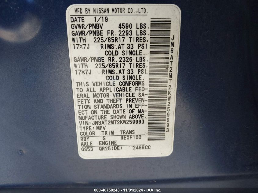 VIN JN8AT2MT2KW259993 2019 NISSAN ROGUE SV