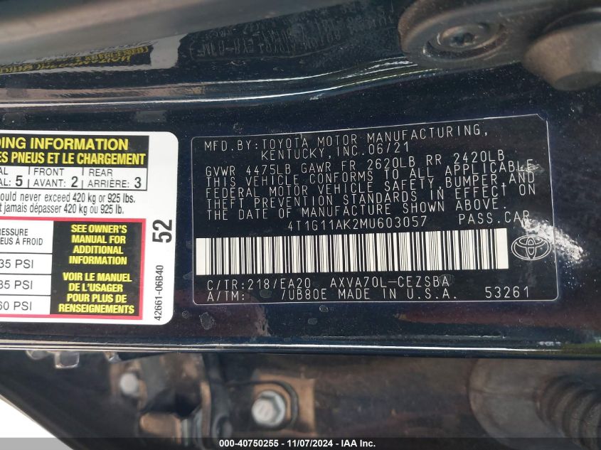 VIN 4T1G11AK2MU603057 2021 TOYOTA CAMRY no.9