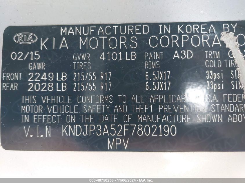 VIN KNDJP3A52F7802190 2015 KIA Soul, + no.9