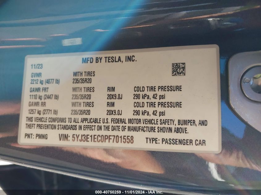 2023 Tesla Model 3 Performance Dual Motor All-Wheel Drive VIN: 5YJ3E1EC0PF701558 Lot: 40750259