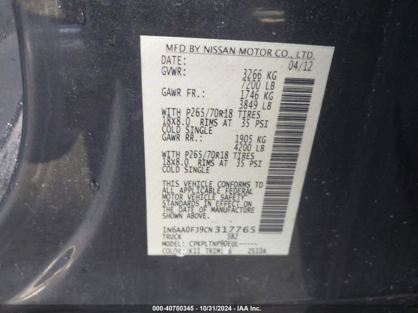 2012 Nissan Titan Sv VIN: 1N6AA0FJ9CN317765 Lot: 40750345