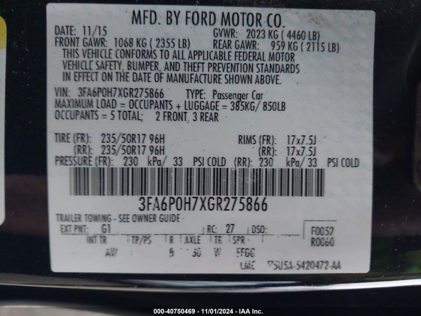 2016 FORD FUSION SE - 3FA6P0H7XGR275866