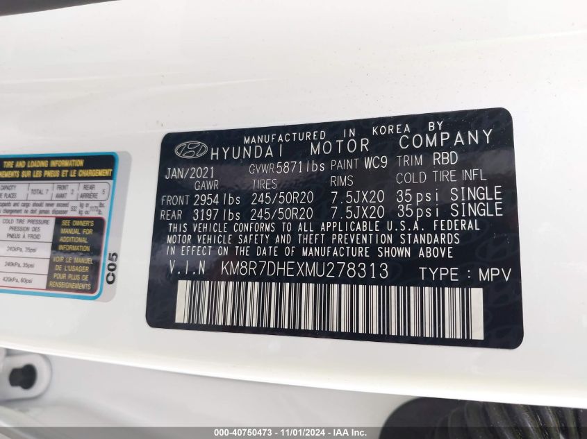 2021 Hyundai Palisade Calligraphy VIN: KM8R7DHEXMU278313 Lot: 40750473