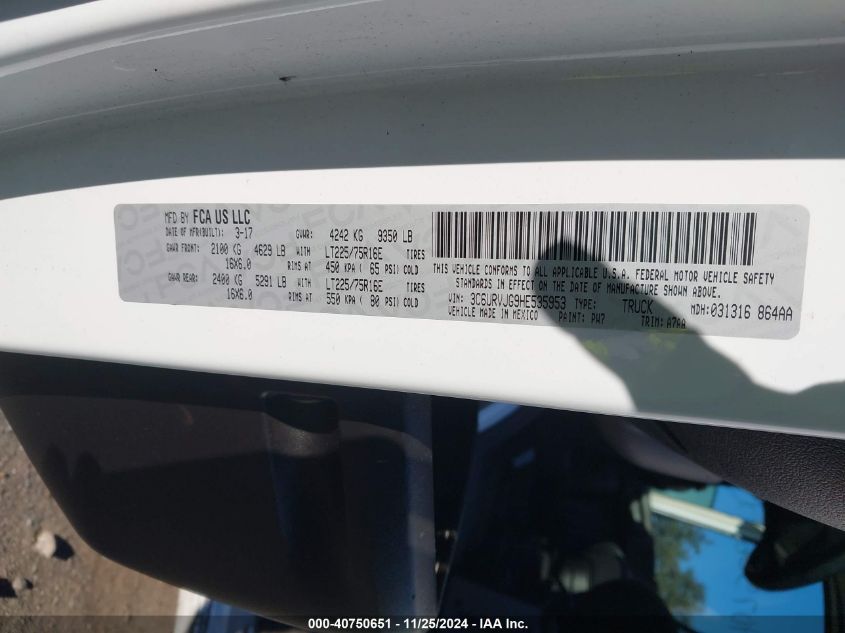 2017 Ram Promaster 3500 Cargo Van High Roof 159 Wb Ext VIN: 3C6URVJG9HE535953 Lot: 40750651