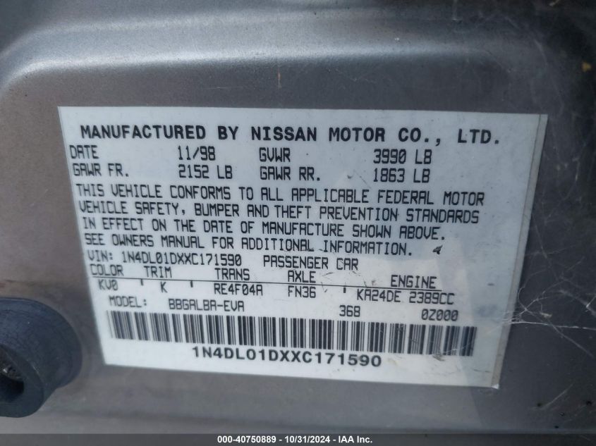 1999 Nissan Altima Gle/Gxe/Se/Se-L/Xe VIN: 1N4DL01DXXC171590 Lot: 40750889