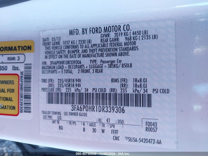 2013 FORD FUSION SE - 3FA6P0HR1DR339306