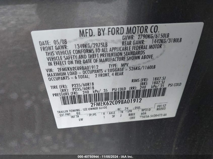 2009 Ford Flex Sel VIN: 2FMEK62C09BA01912 Lot: 40750944