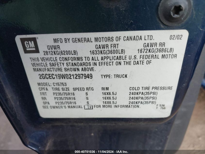 2002 Chevrolet Silverado 1500 VIN: 2GCEC19W021297949 Lot: 40751036