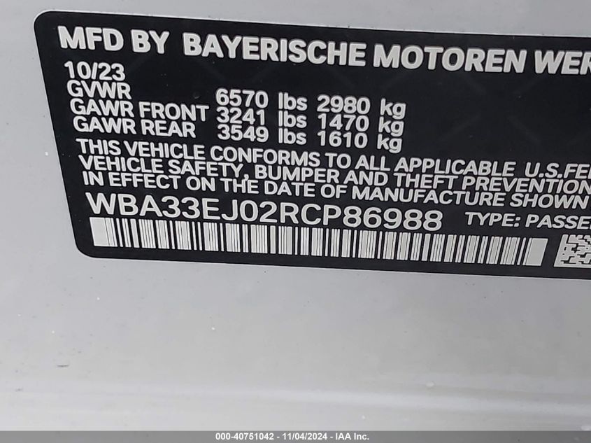 2024 BMW 760 I xDrive VIN: WBA33EJ02RCP86988 Lot: 40751042