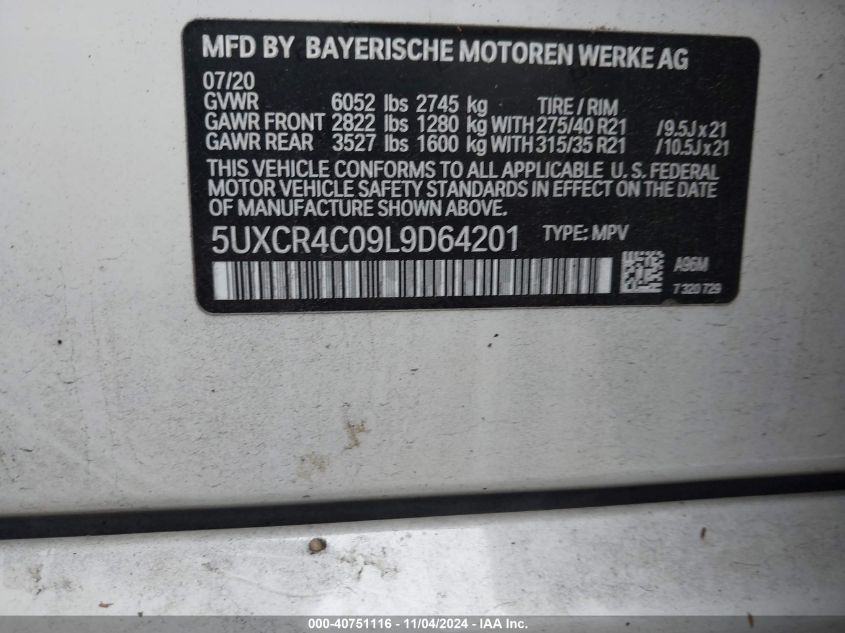 2020 BMW X5 Sdrive40I VIN: 5UXCR4C09L9D64201 Lot: 40751116