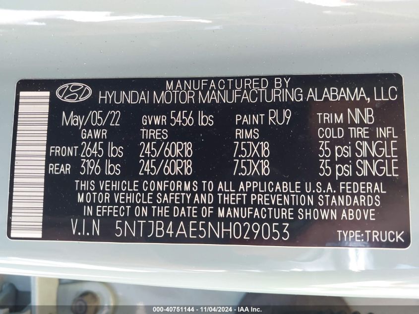 2022 Hyundai Santa Cruz Sel VIN: 5NTJB4AE5NH029053 Lot: 40751144