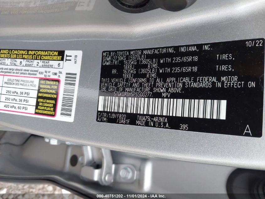 VIN 5TDKDRBH5PS500277 2023 Toyota Highlander, LE no.9