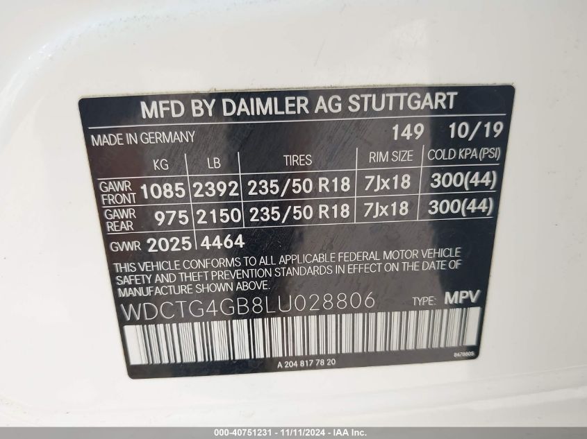 2020 Mercedes-Benz Gla 250 4Matic VIN: WDCTG4GB8LU028806 Lot: 40751231