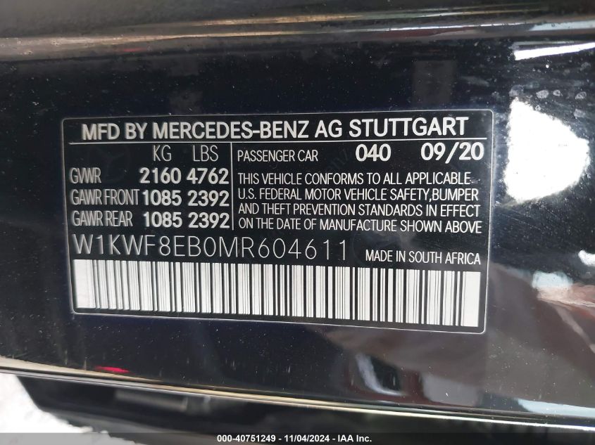 2021 Mercedes-Benz C 4Matic VIN: W1KWF8EB0MR604611 Lot: 40751249