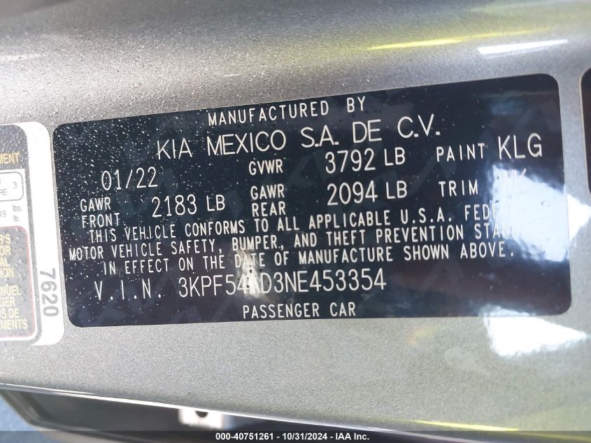 2022 Kia Forte Gt-Line VIN: 3KPF54AD3NE453354 Lot: 40751261