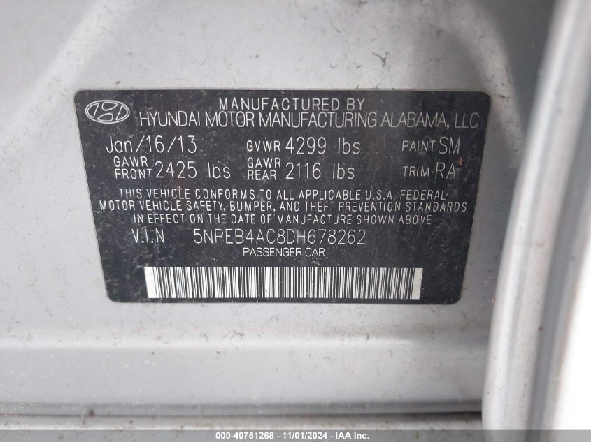 2013 Hyundai Sonata Gls VIN: 5NPEB4AC8DH678262 Lot: 40751268