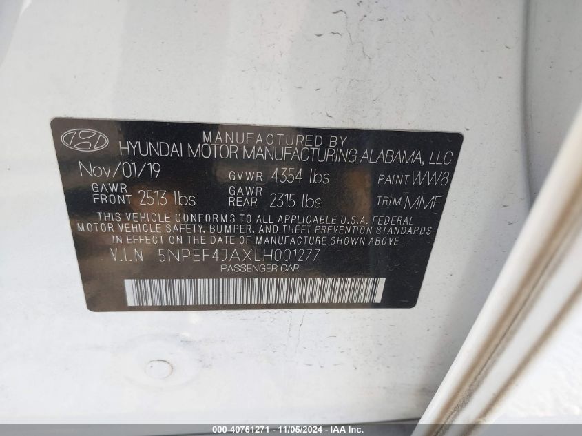 2020 Hyundai Sonata Sel VIN: 5NPEF4JAXLH001277 Lot: 40751271