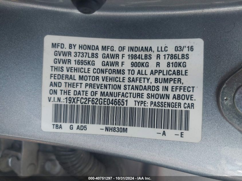 2016 Honda Civic Lx VIN: 19XFC2F62GE046651 Lot: 40751297