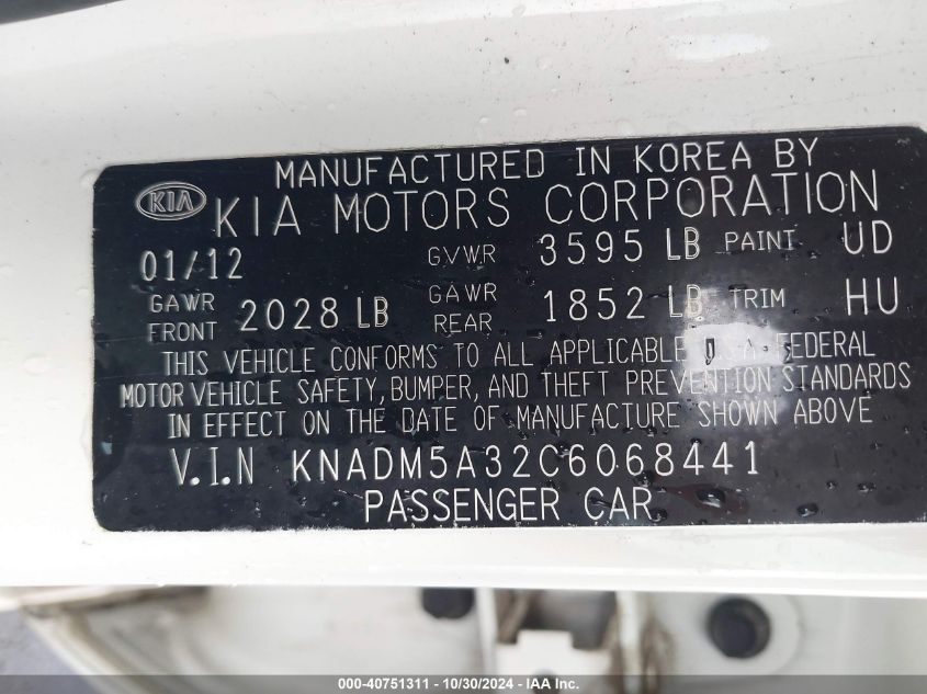 2012 Kia Rio5 Lx VIN: KNADM5A32C6068441 Lot: 40751311